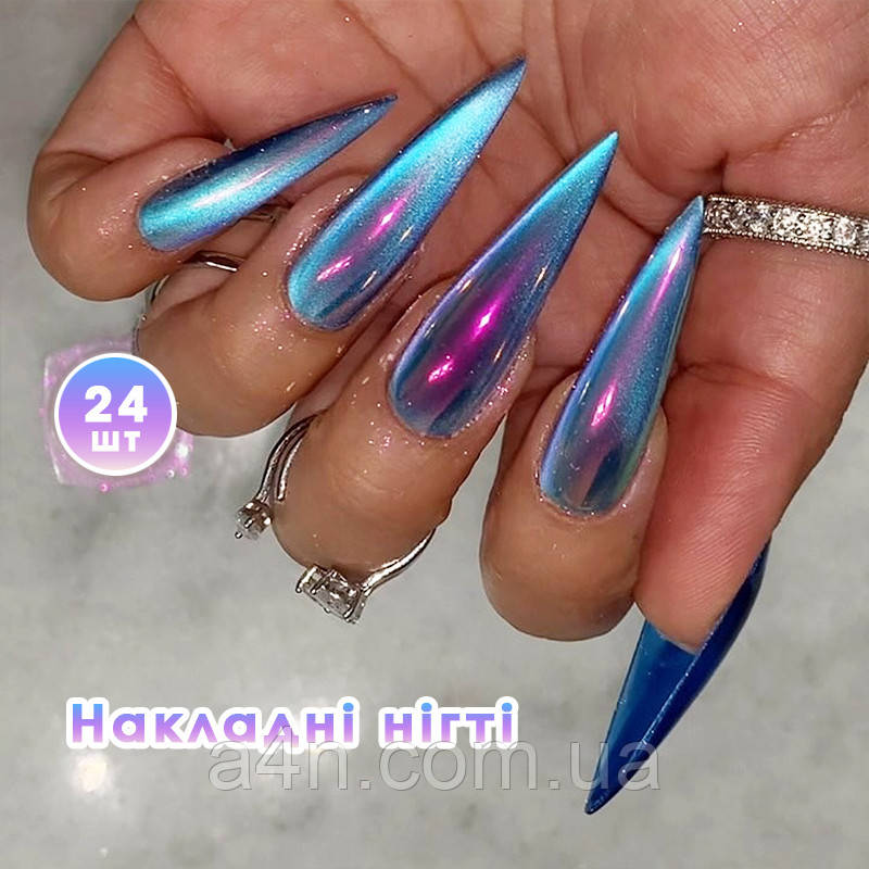 Накладні нігті 24 шт. лазерне котяче око + клей для нігтів, типси стилет для манікюру, фото 1