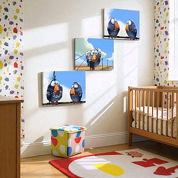 Картина для дитячої кімнати Веселі пташки Настінний декор в дитячу 30x40см 3штуки