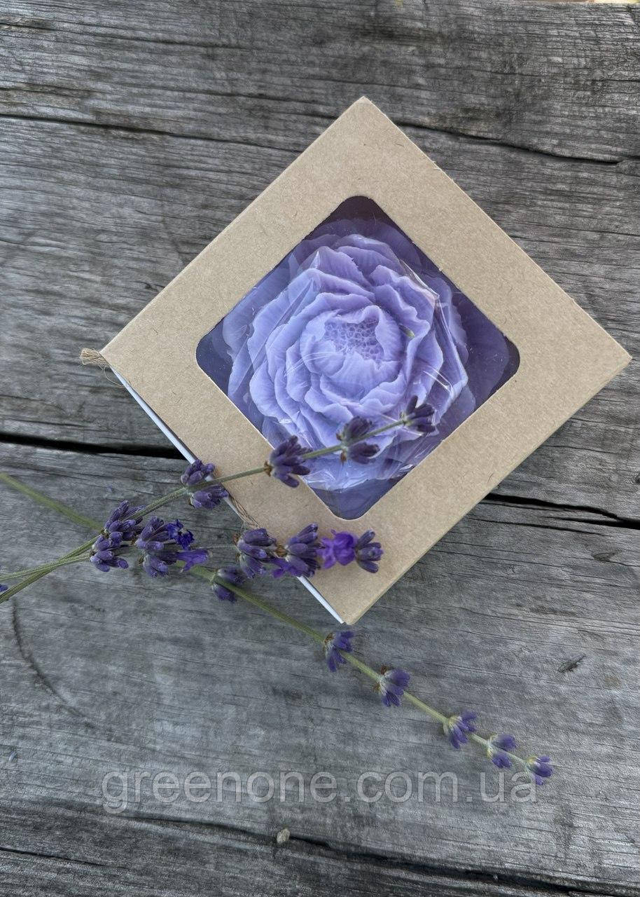 Крафтове мило з ефірної олією лаванди, лавандове мило в формі квітки, мило квітка в подарунковій коробці, фото 1