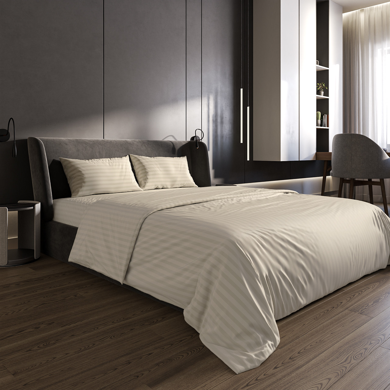 Комплект постільної білизни Страйп сатин Шампань Сімейний розмір 200х220, 2 підковдри, фото 1