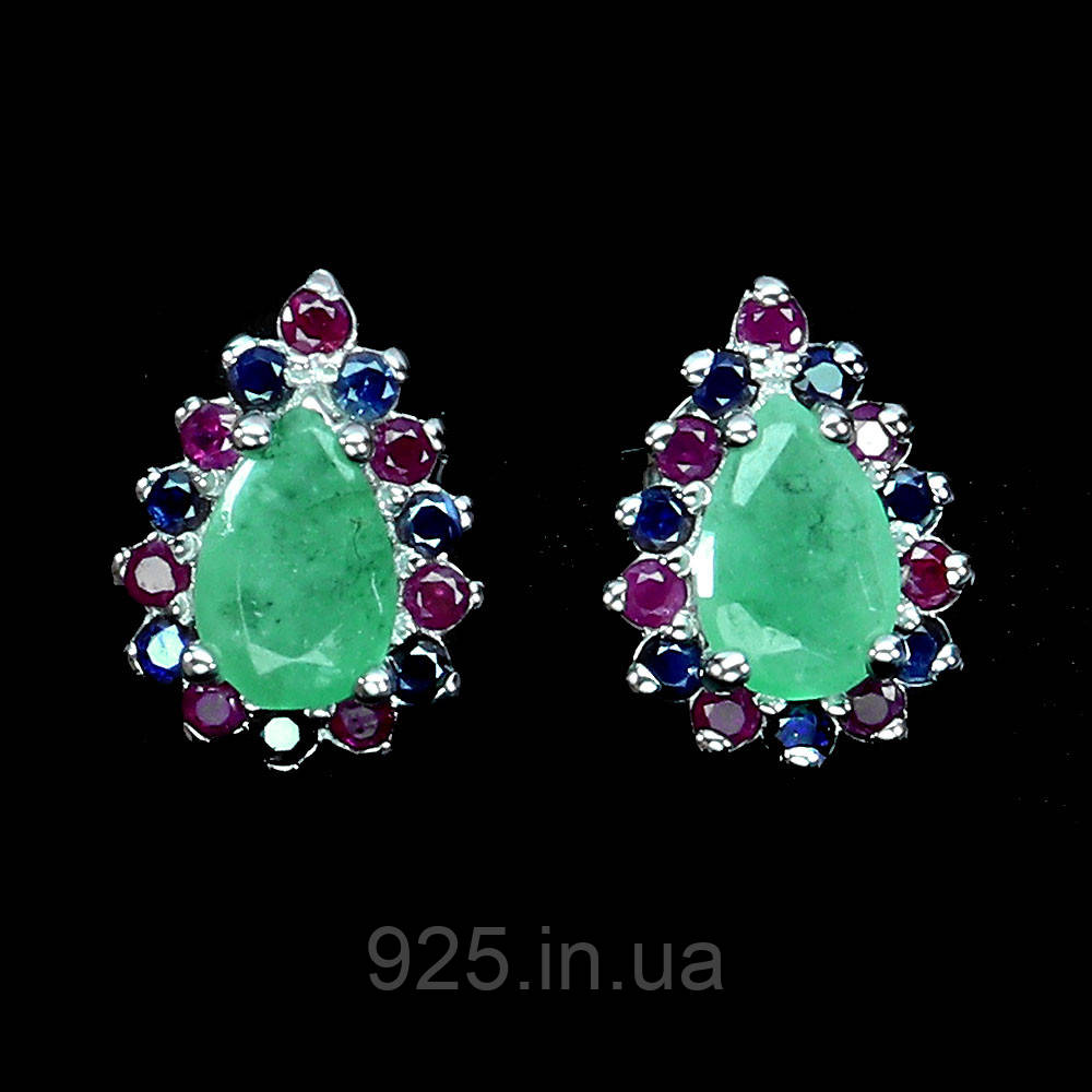 Сережки. Натуральний смарагд, сапфір і рубін. Срібло 925., фото 1