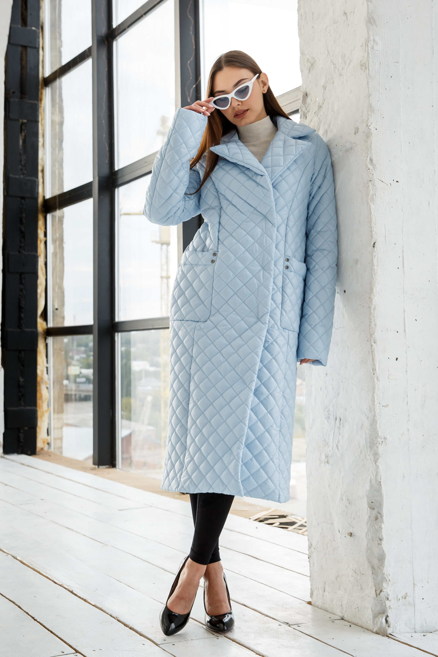 Жіночий двобортний стьобаний плащ ПВ-285 блакитний,розміри 42-52, фото 1