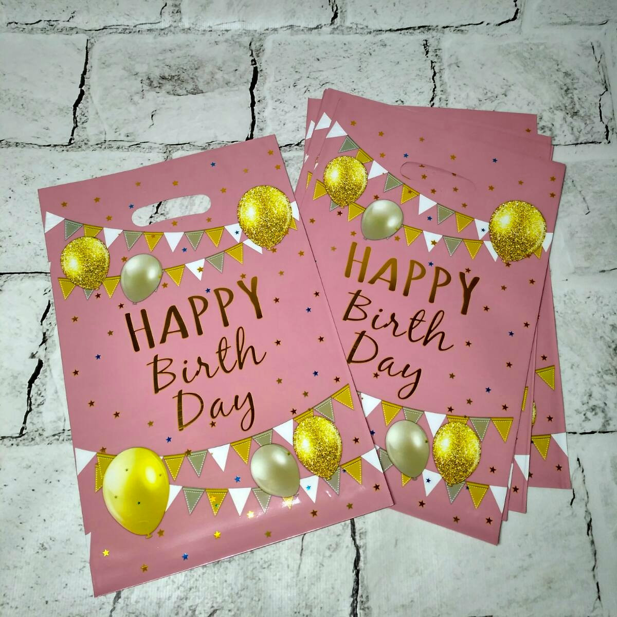 Пакети подарункові фольговані Happy birthday 10 шт 16,3х25 см Рожеві 15468-1