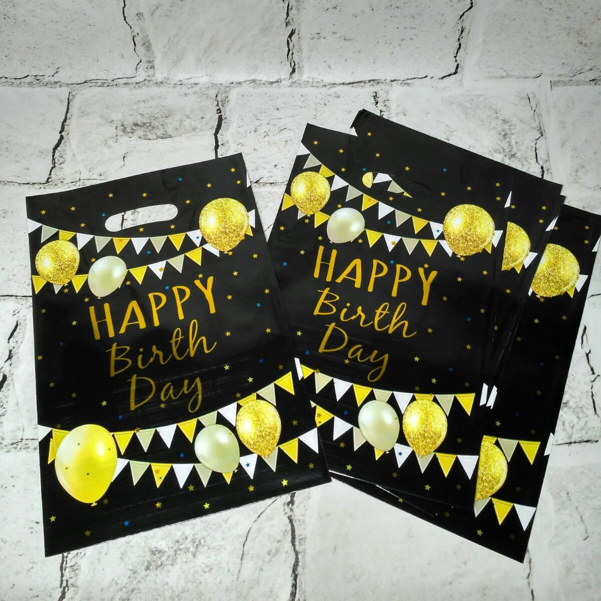 Пакети подарункові фольговані Happy birthday 10 шт 16,3х25 см Чорні 15468-2