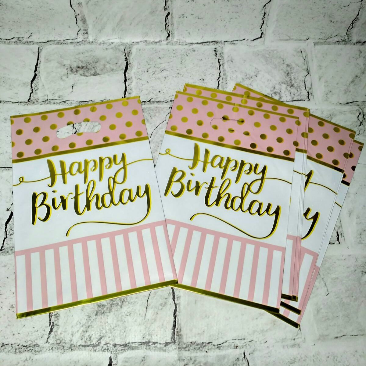 Пакети подарункові фольговані Happy birthday 10 шт 16,3х25 см Смужка Рожеві 15465-1