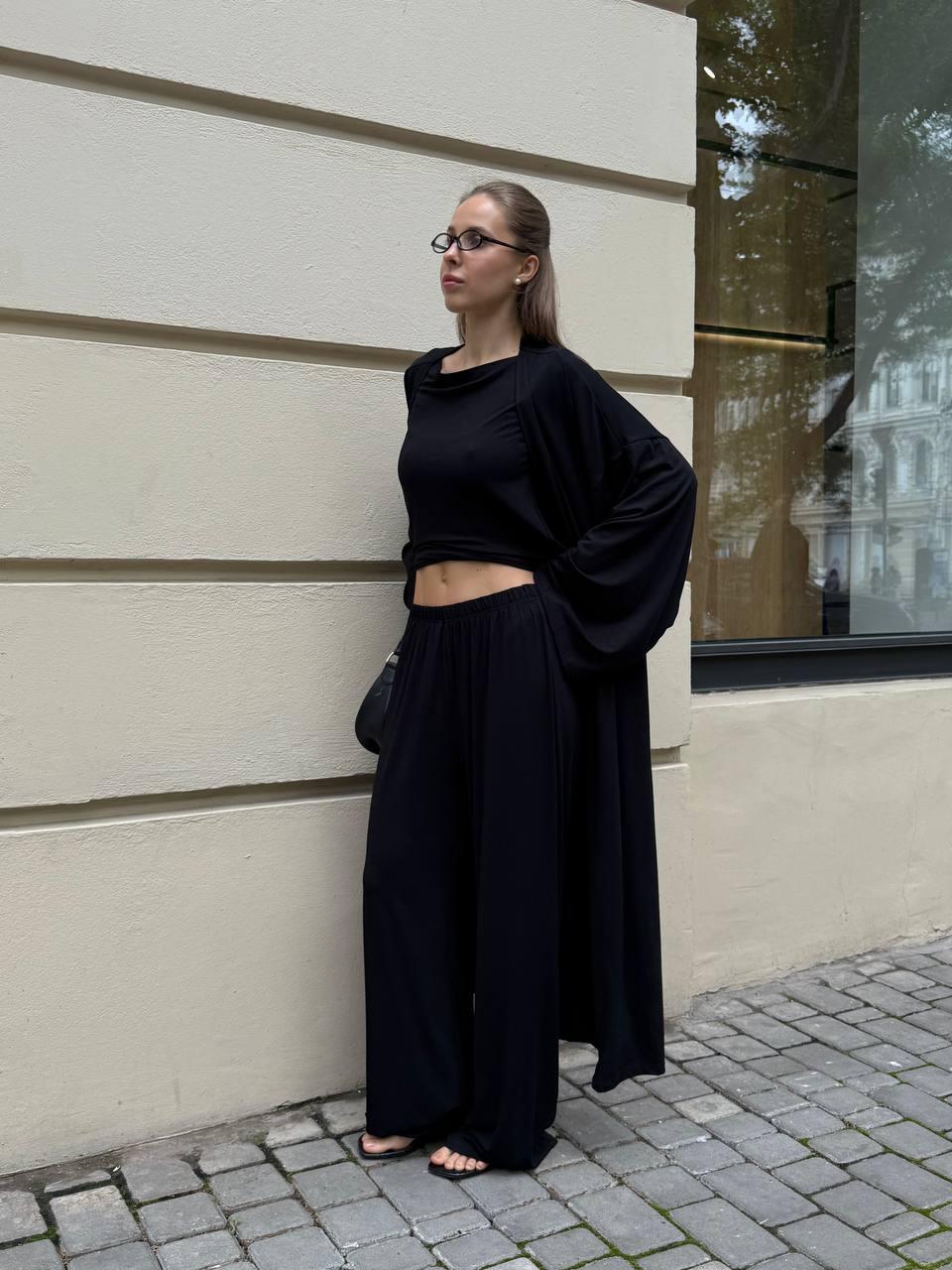 Жіночий зручний чорний костюм-трійка з щільної віскози: лонгслів, штани і кардиган в підлогу, фото 1