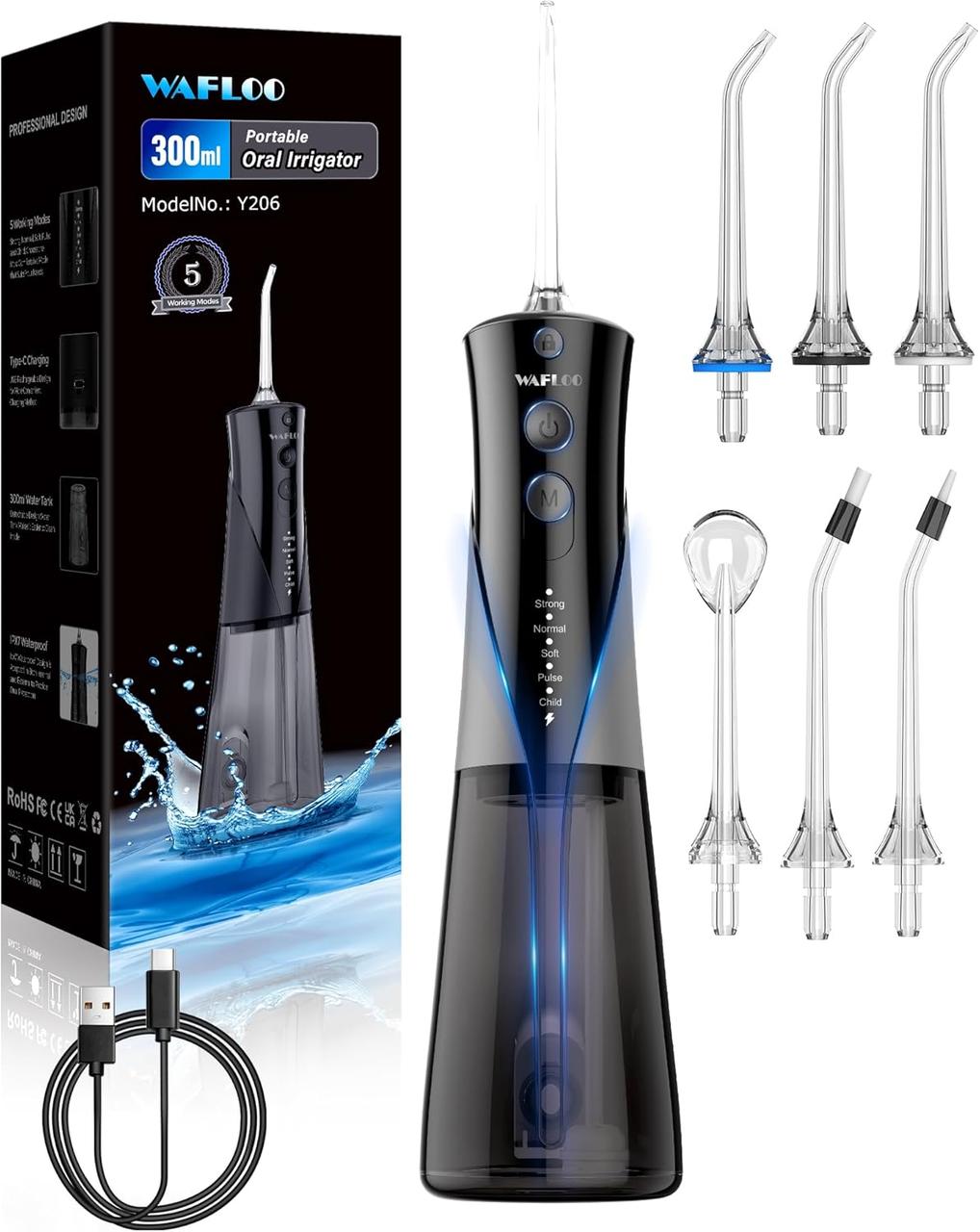 Іригатор для зубів, 5 режимів, 6 насадок, портативний бездротовий, з акумулятором і великим резервуаром 300 мл, фото 1