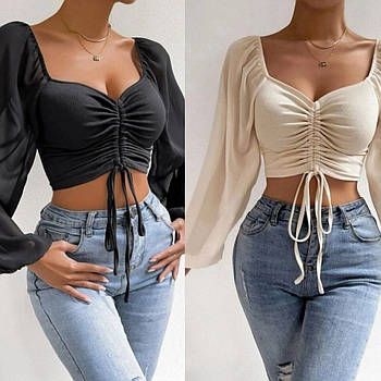 Жіноча блуза з присборкою та об’ємними прозорими рукавами 42-46 чорний