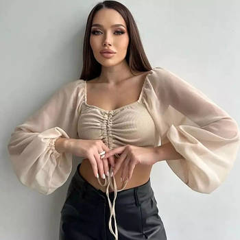 Жіноча блуза з присборкою та об’ємними прозорими рукавами 42-46 беж