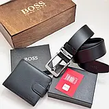 Чоловічий подарунковий набір портмане та ремінь в деревяній коробці BOSS (202), фото 4