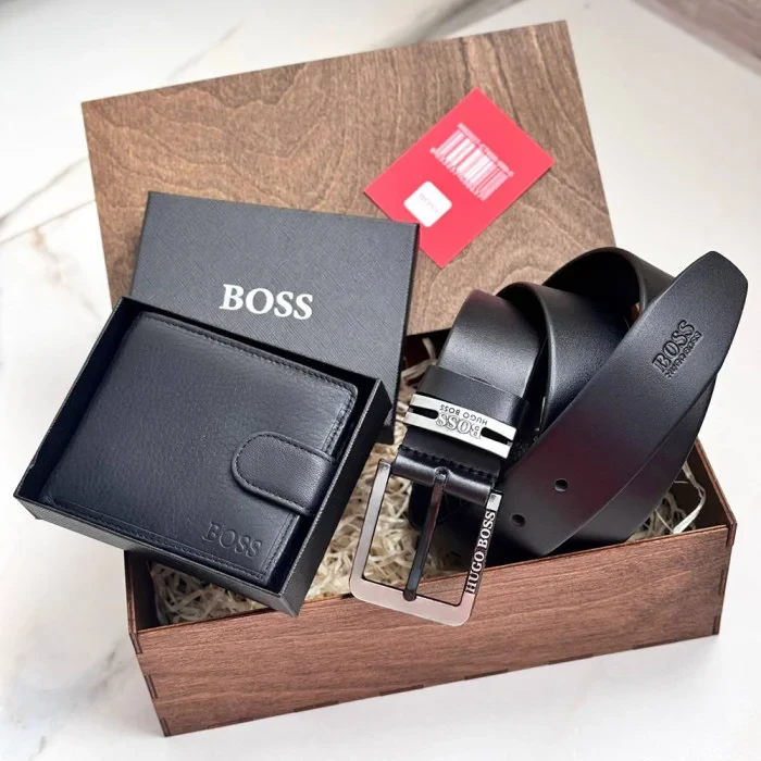 Чоловічий подарунковий набір портмане та ремінь в деревяній коробці BOSS (202), фото 1