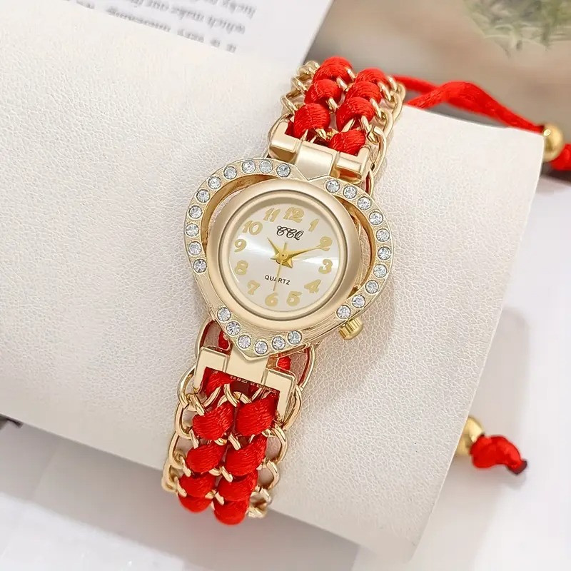 Жіночий кварцовий наручний годинник червоний нейлоновий ремінець золотистий циферблат AurumLux320, фото 1