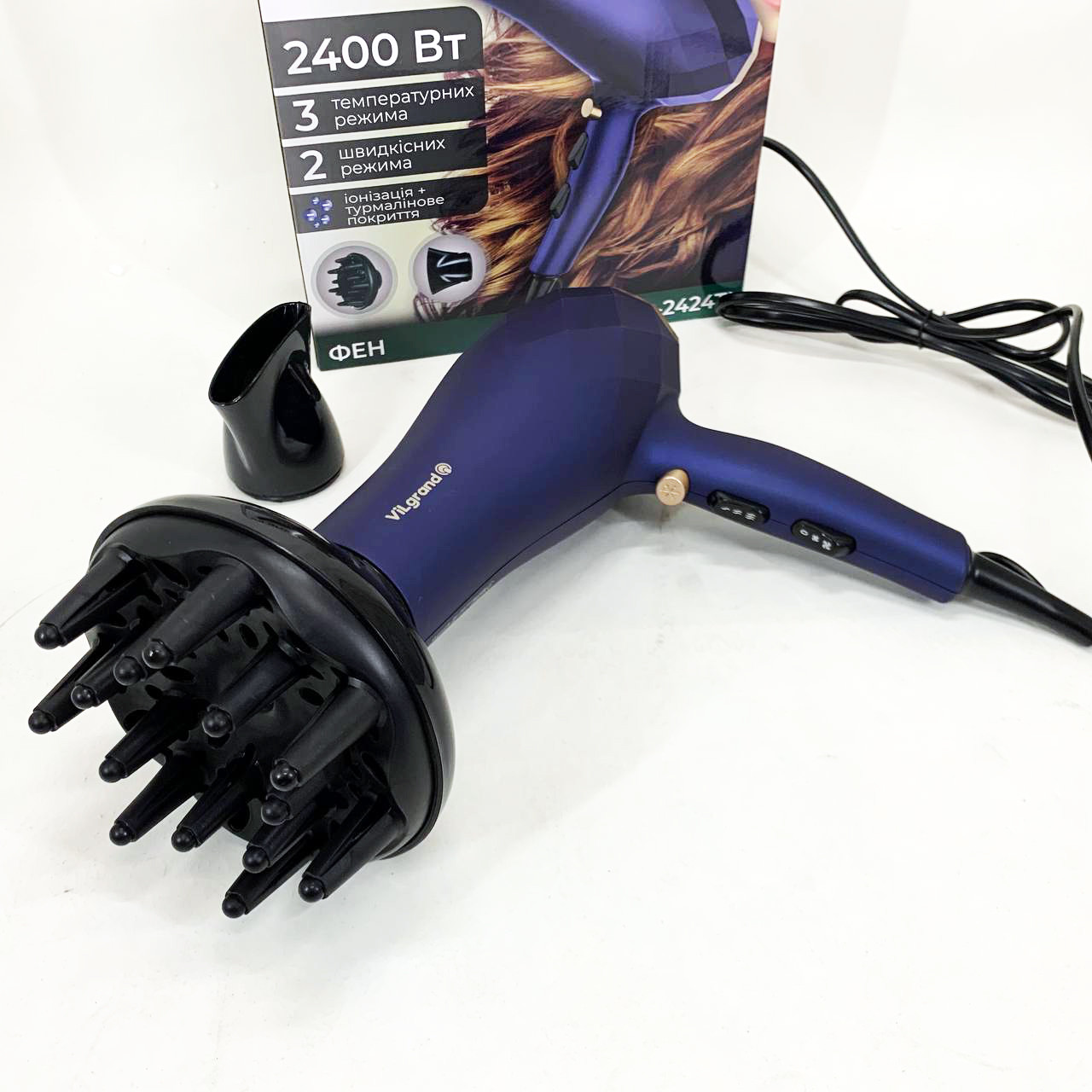Електрофен для волосся з додатковими насадками, Фен побутовий для волосся Фен дому та салону VU-81, фото 1