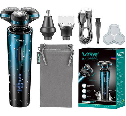 Електробритва VGR V-303, 3 в 1, 3 насадки, IPX7, LED display, Green, фото 2
