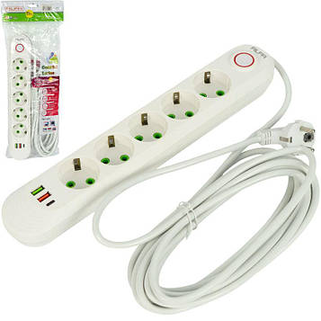 Мережевий подовжувач переноска електрична 5 метрів 5 розеток + 2 USB + 1 Type-C із заземленням і вимикачем