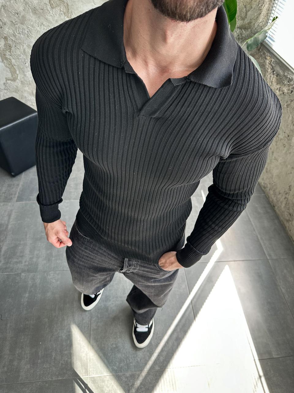 Светр чорний чоловічий приталений Туреччина | Світшот приталений чоловічий в рубчик, фото 1