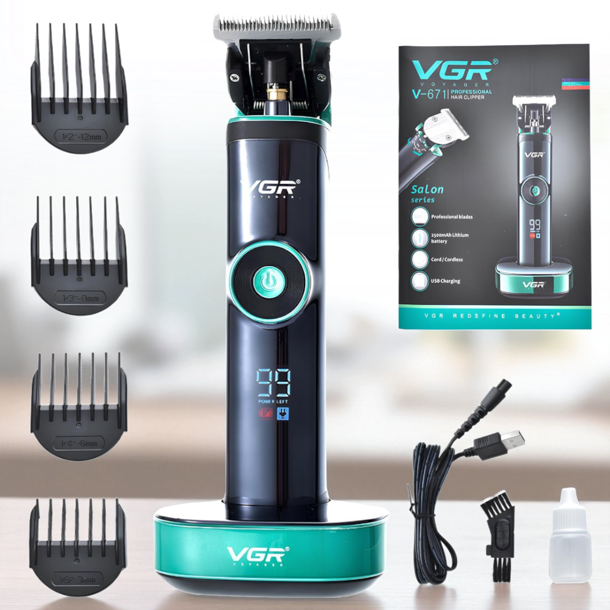 Машинка для стрижки волосся з насадками та зарядною базою VGR V-671, фото 1