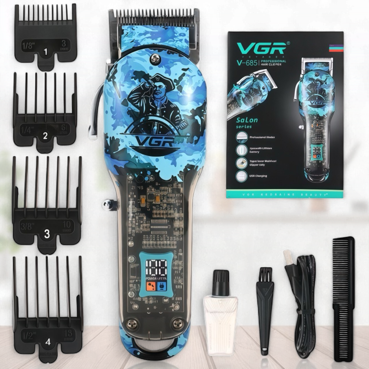 Машинка для стрижки волосся з 4 насадками та LED дисплеєм VGR V-685, фото 1