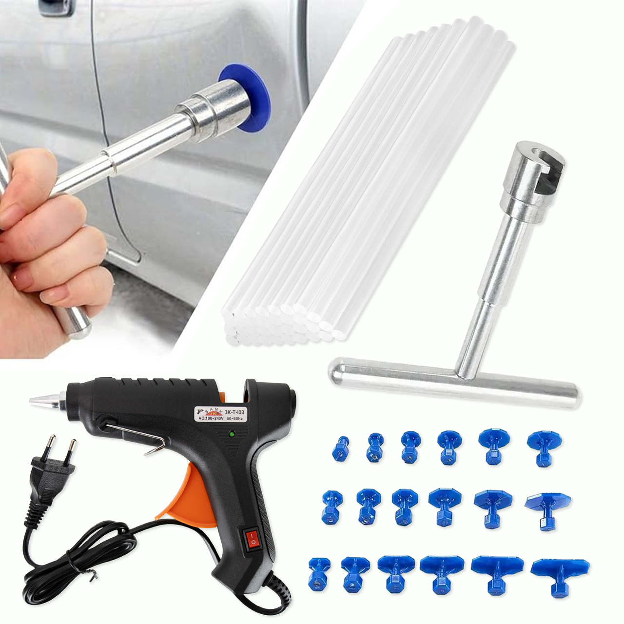 Набір для ремонту вм’ятин без фарбування + термопістолет і клейові стрижні (ZT-49 + 3K-T-I03 + BYT-102B-2), фото 1