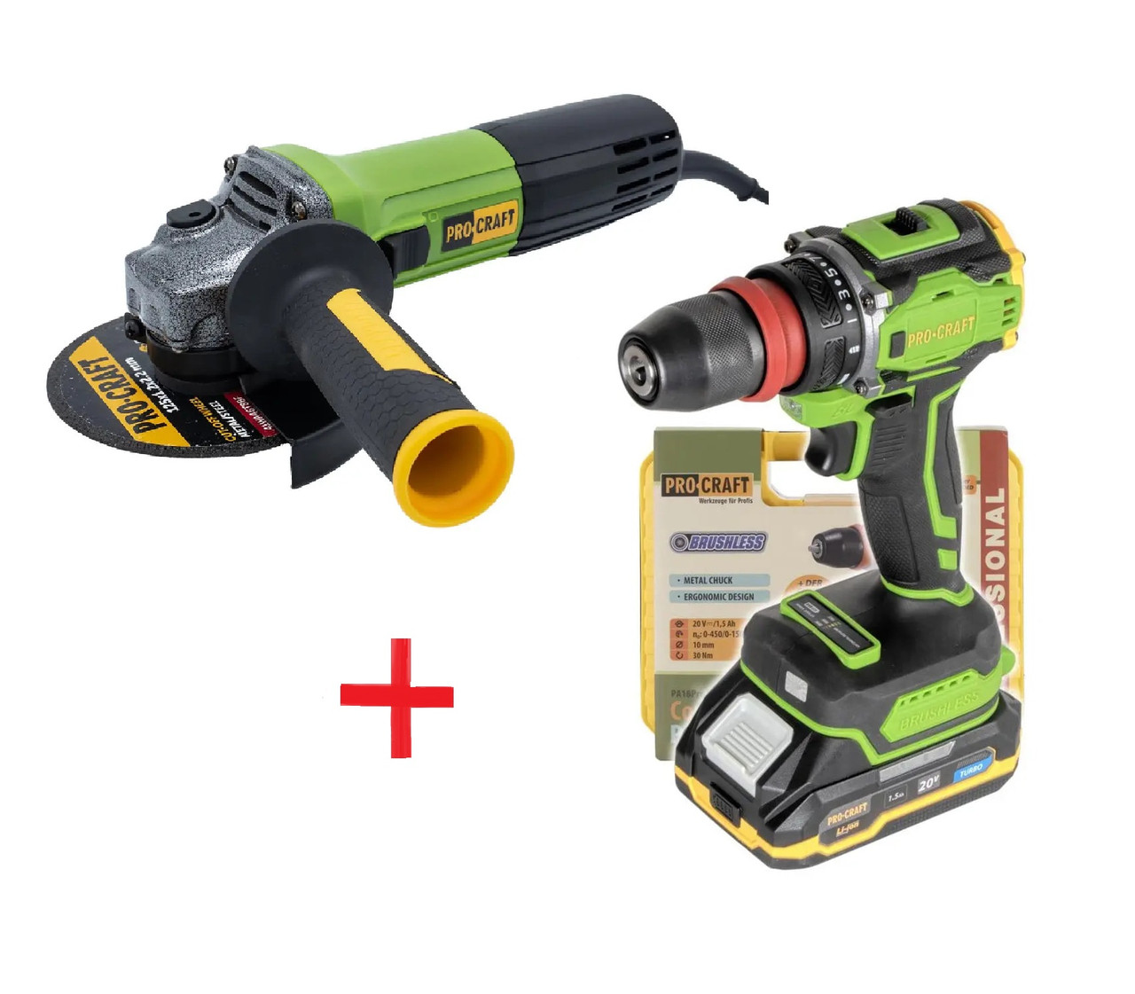 Комплект Procraft Болгарка PW1100ES 125мм Регулювання обертів та Акумуляторний шуруповерт PA18ProDFR 1,5А/год, фото 1