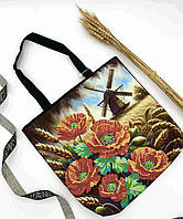 Сумка для вишивання 37х33х6 см. Довжина ручок 60 см. Чорна. Тканинна "Маки, млин"