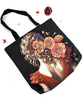 Сумка для вишивання 37х33х6 см. Довжина ручок 60 см. Чорна. Тканинна "Дівчина спиною з маками"