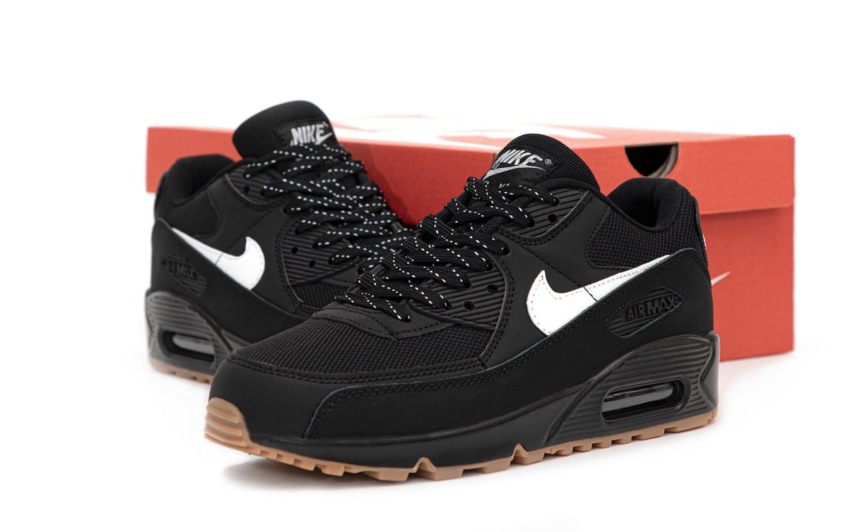 Чоловічі кросівки Nike Air Max 90 black white Найк Аір Макс 90 чорно-білі шкіряні, фото 1