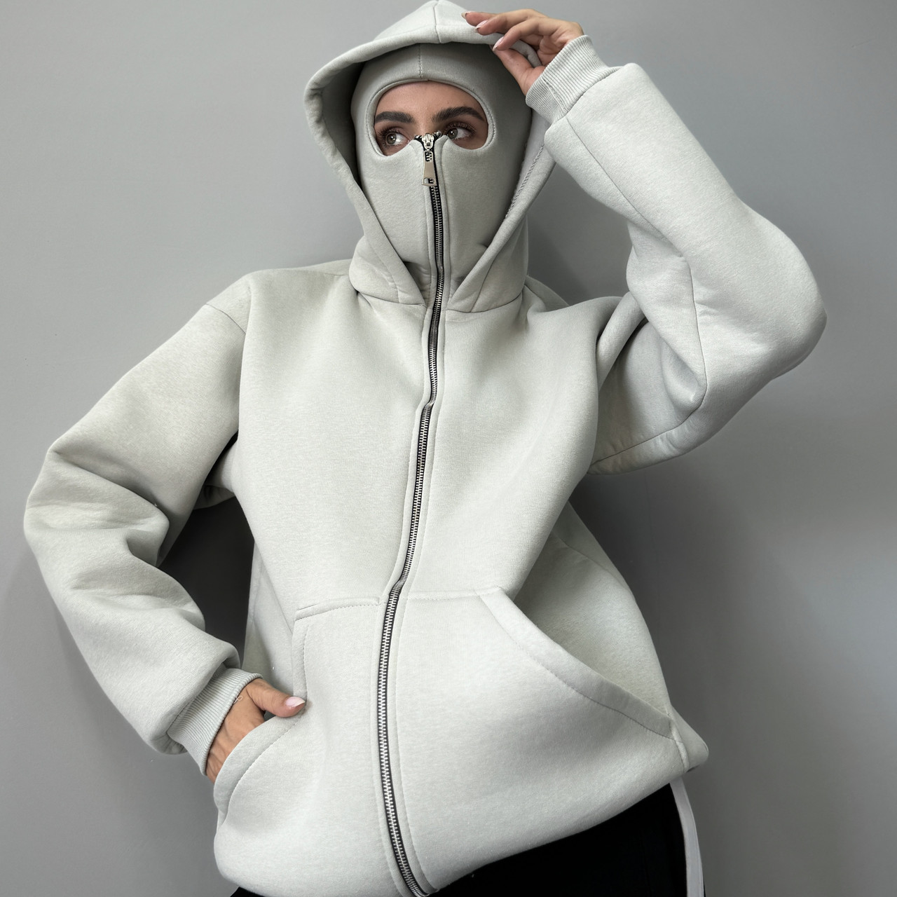 Зіп-худі з балаклавою жіноча спортивна кофта з капюшоном-балаклава на флісі тепла зимова сіра, фото 1