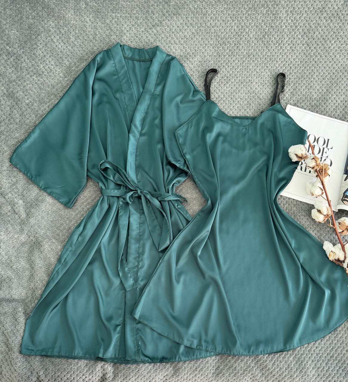 Жіночий шовковий халат і пеньюар двійка зелений, фото 1