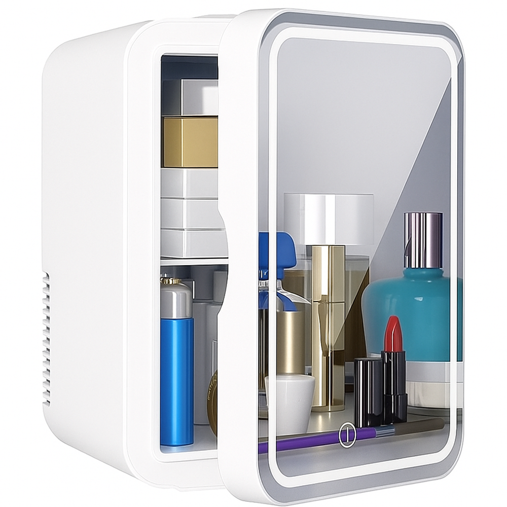 Автохолодильник 4л білий з дзеркалом та LED підсвічуванням компактний електричний для автомобіля та будинку, фото 1