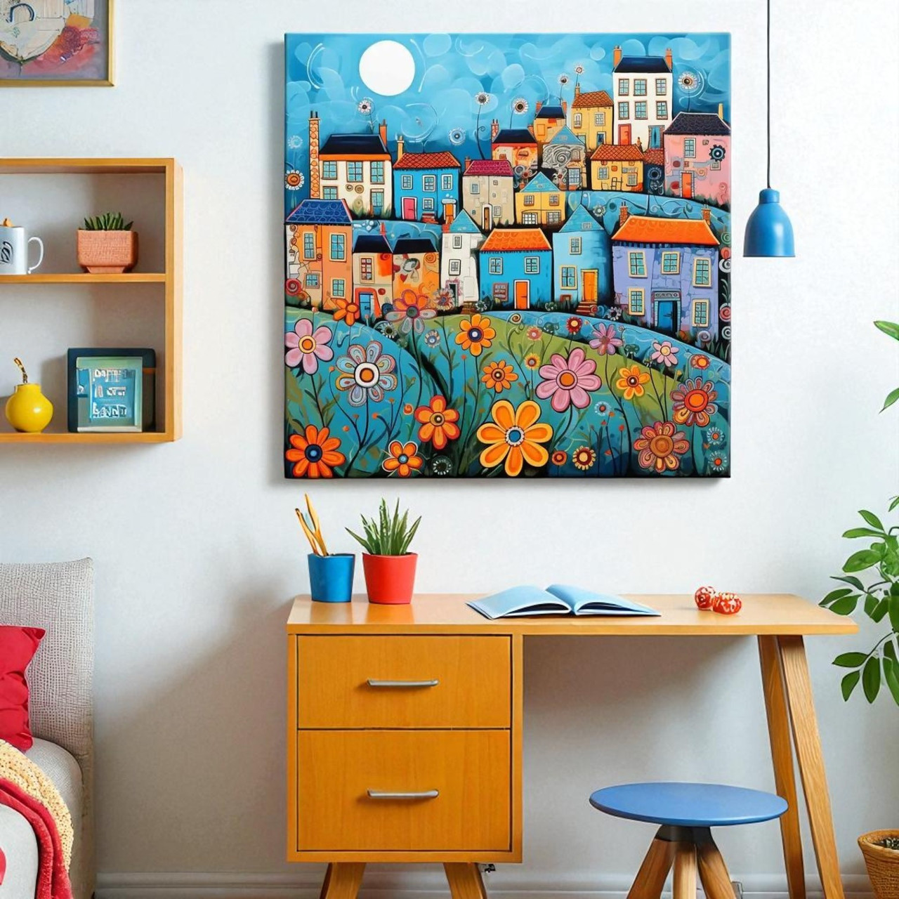 Дитяча картина Яскравий настінний декор в дитячу кімнату Милі намальовані будиночки Друк на полотні 30х30см, фото 1