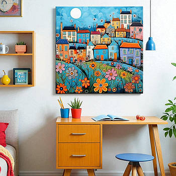 Дитяча картина Яскравий настінний декор в дитячу кімнату Милі намальовані будиночки Друк на полотні 30х30см