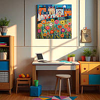 Дитяча картина Яскравий настінний декор в дитячу кімнату Милі намальовані будиночки Друк на полотні 30х30см, фото 5