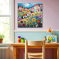 Дитяча картина Яскравий настінний декор в дитячу кімнату Милі намальовані будиночки Друк на полотні 30х30см, фото 6