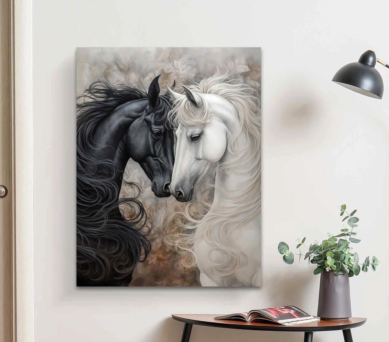 Картина Пара коней Білий і чорний кінь Друк на полотні 60х46см, фото 1