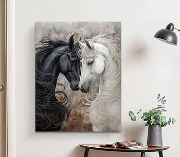 Картина Пара коней Білий і чорний кінь Друк на полотні 60х46см