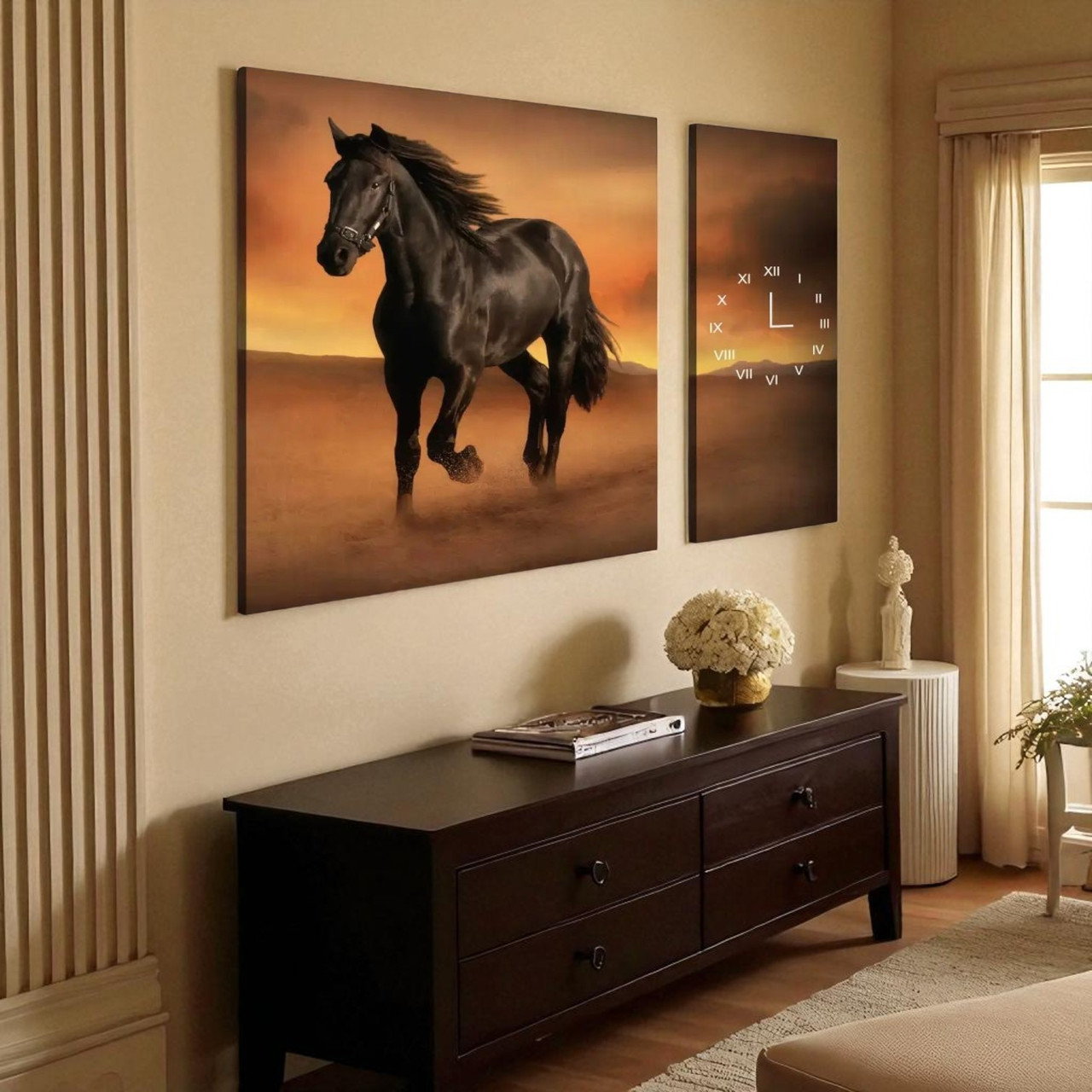 Картина Чорний граціозний кінь Настінний годинник з безшумним механізмом Друк на полотні 100х60 з 2 частин, фото 1