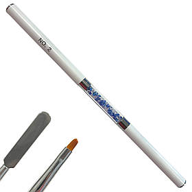 Двосторонній овальний пензель №2 з ковпачком + шпатель - для нарощування гелем (полігелем), 1 шт.