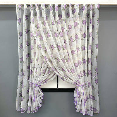 Кухонний комплект (320х170см.), шторки з підв'язками. Колір білий з бузковим. Код 101к 52-1208