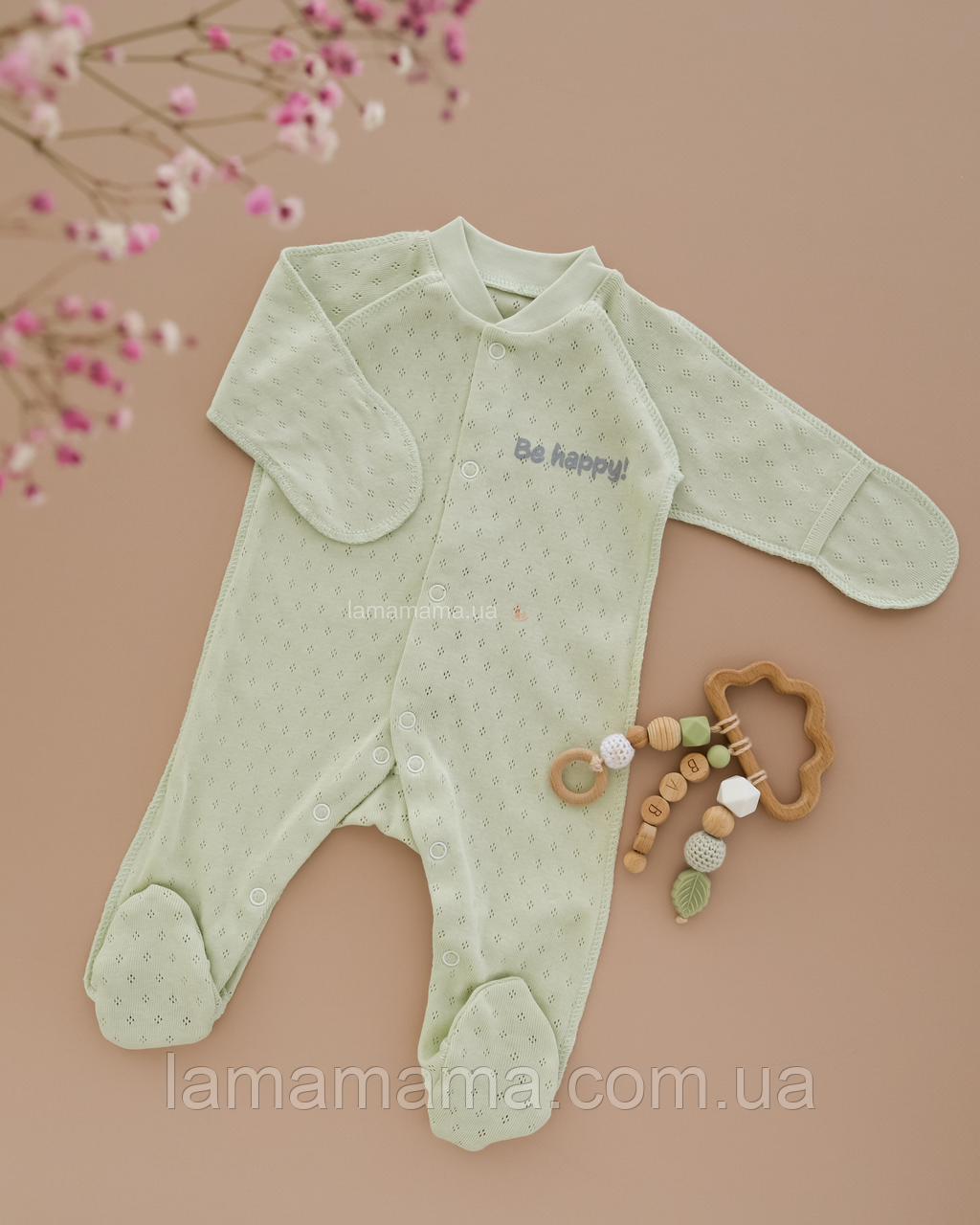 Чоловічок з ажурного трикотажу із зовнішніми швами для новонароджених Be happy Оливковий р. 50, фото 1