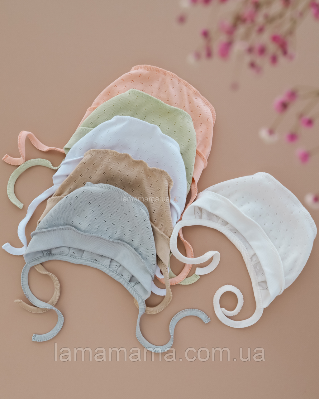 Чепчик шапочка на зав'язках Бежевий з ажурного трикотажу для новонароджених ог. 41, фото 1