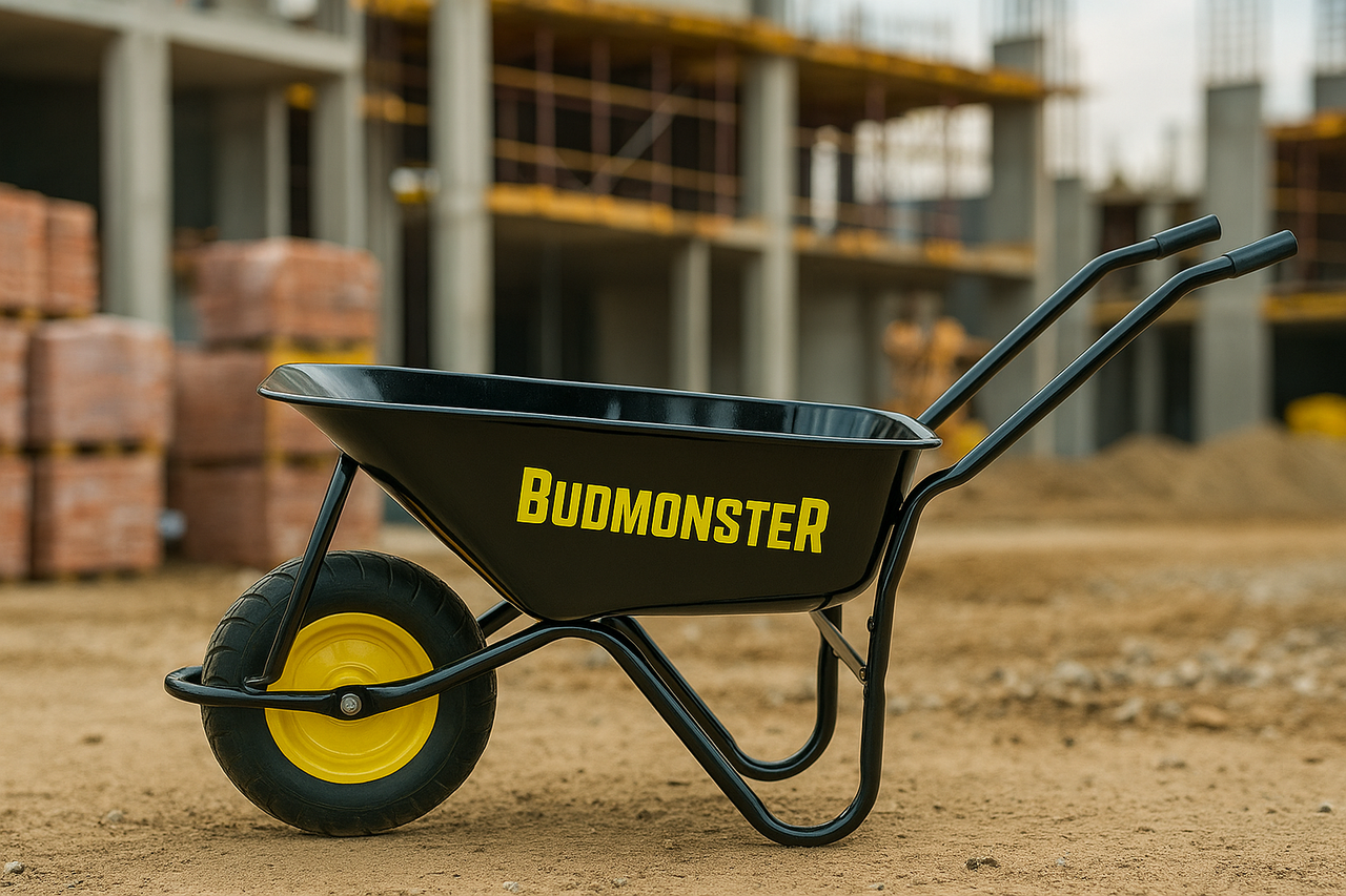 01-007 Тачка BudMonster будівельна одноколісна куз.чорний 80 л, чорна, п/п 200 кг, колесо повітряне 4х8, фото 1