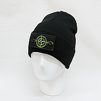 Тепла шапка стон айленд (stone island) чорного кольору з жовто-зеленим патчем   ZE10019-2