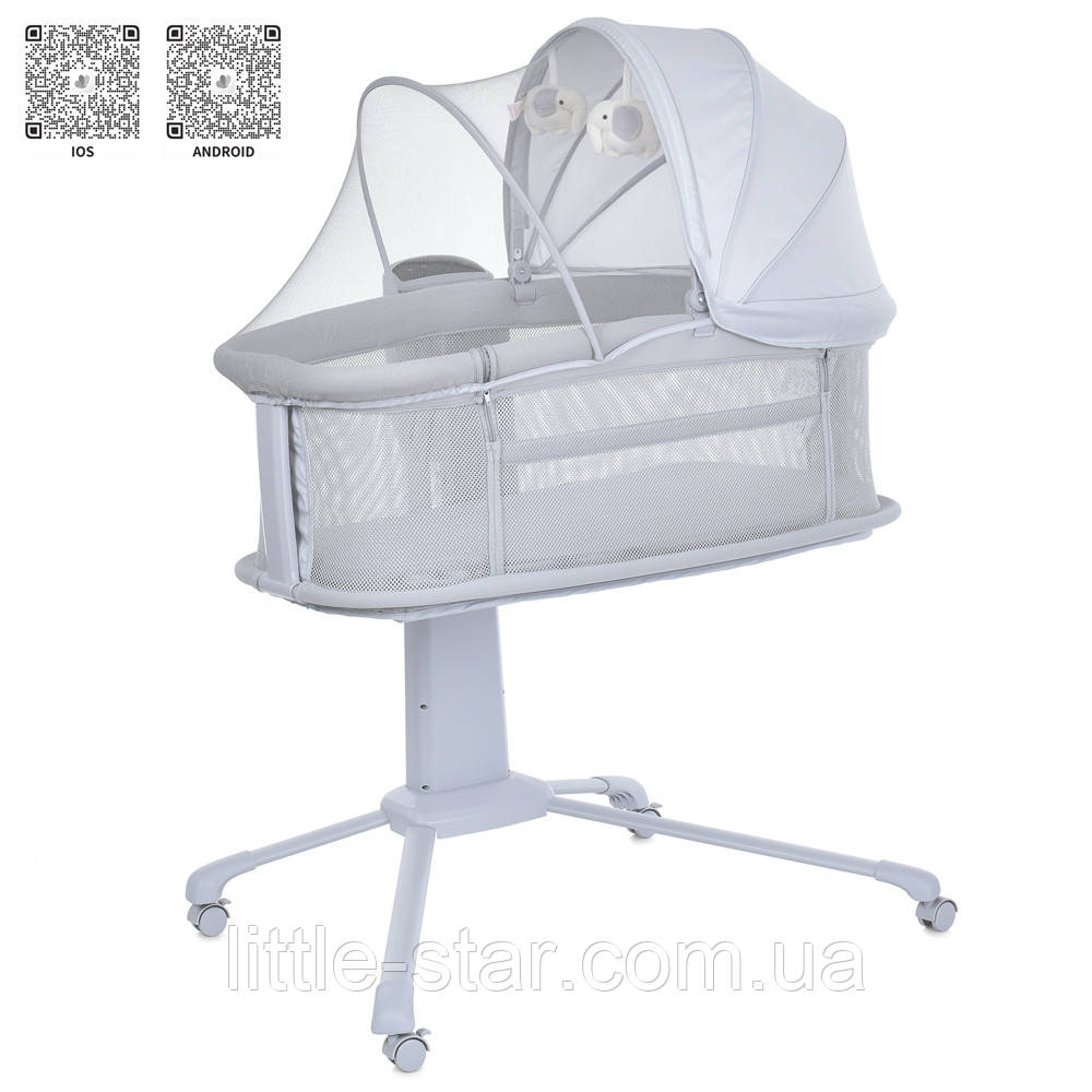 Дитяча люлька-гойдалка ліжечко 3378, приставна,3-в-1, APP, музика, USB, таймер, москітн.сітка, сірий