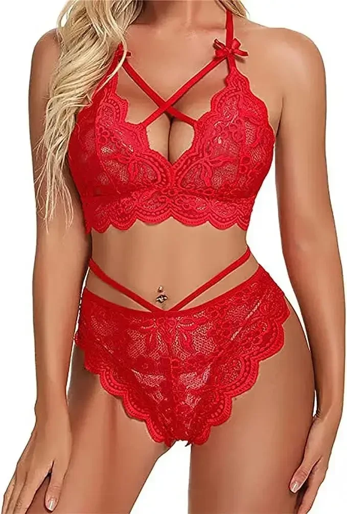 Мереживний жіночий комплект нижньої білизни червоного кольору, фото 1