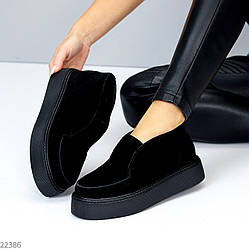 Модні утеплені чорні лофери на флісі, натуральна замша 37