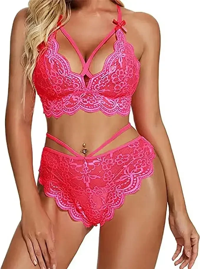 Жіноча нижня мережива рожевого кольору з високими трусиками і ліф без кісточок