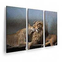 Картина Пара левів Настінний декор для спальні Левиця та лев Друк на полотні 90х60 з 3-х частин, фото 2