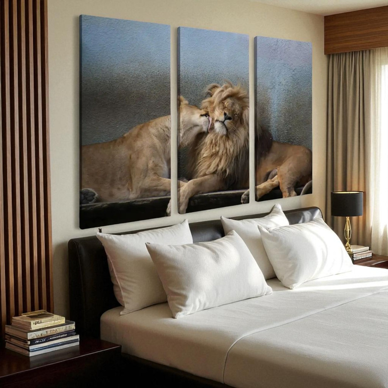 Картина Пара левів Настінний декор для спальні Левиця та лев Друк на полотні 90х60 з 3-х частин, фото 1