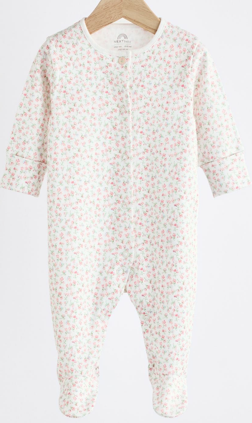 Дитячий чоловічок-сліп Next з закритими ніжками 0-1 міс (56см), 100% бавовна, 1 шт (білий з квітами), фото 1